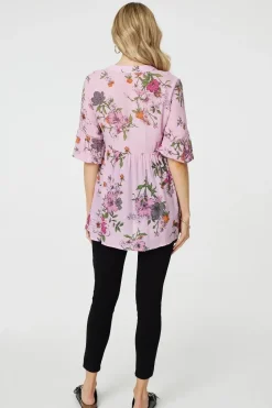 Floral 3/4 Sleeve Curve Hem Blouse