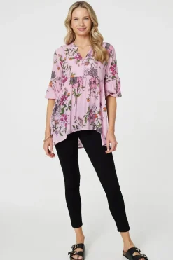 Floral 3/4 Sleeve Curve Hem Blouse