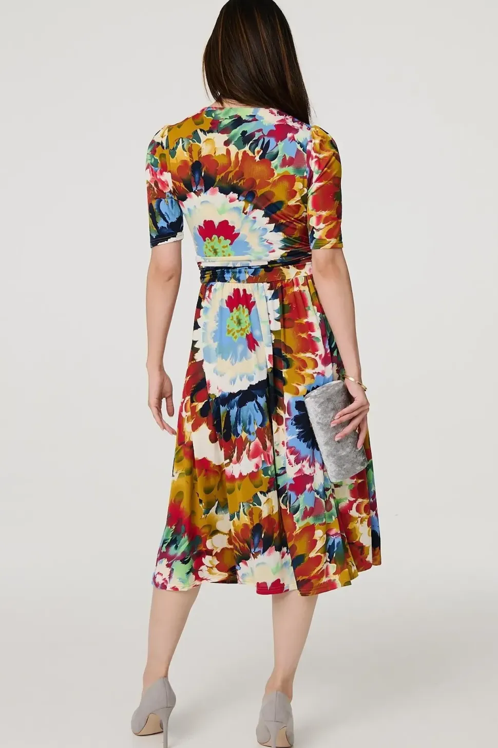 Floral 1/2 Sleeve Midi Faux Wrap Dress