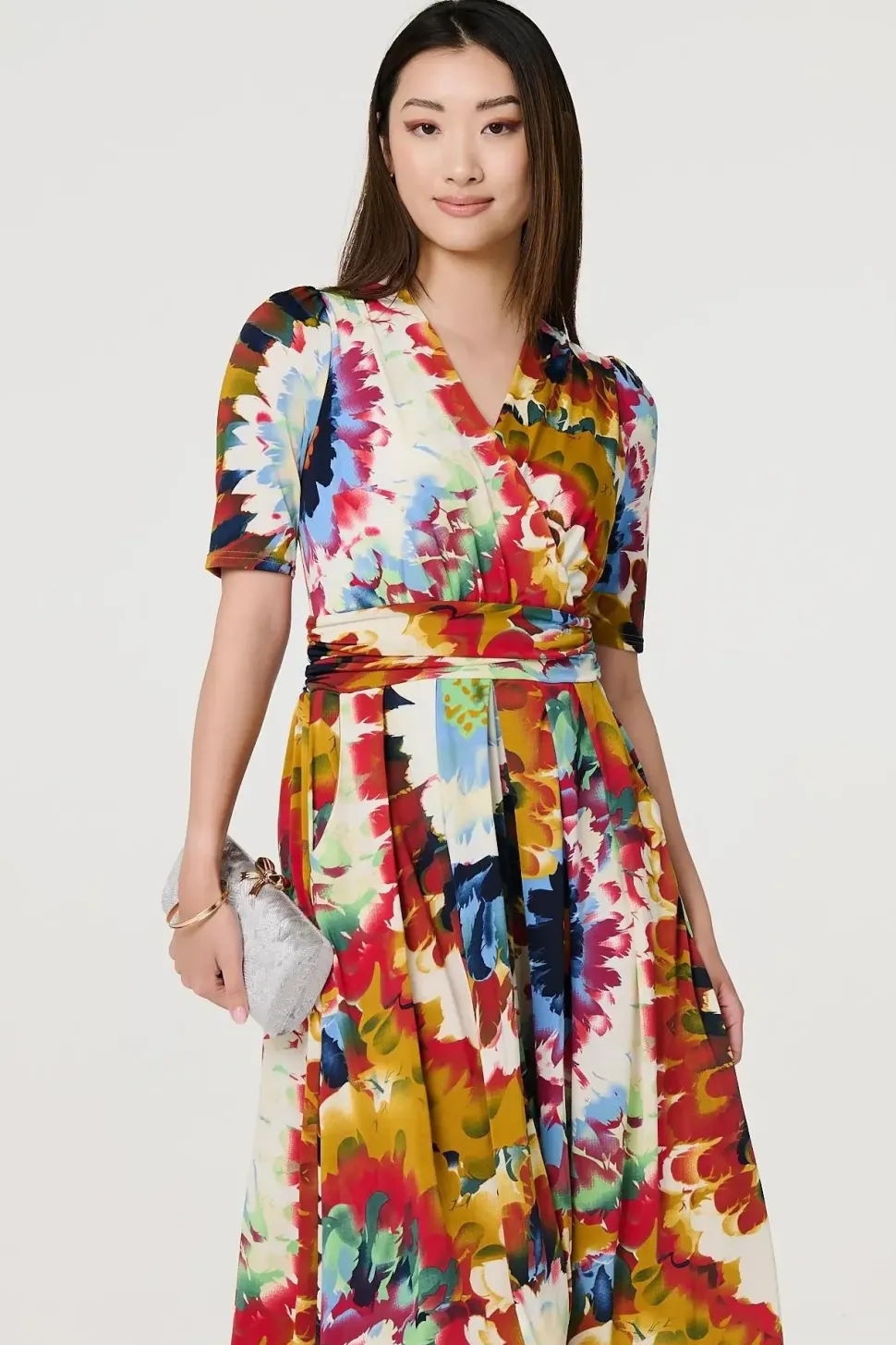 Floral 1/2 Sleeve Midi Faux Wrap Dress