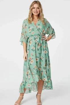 Floral 3/4 Sleeve Midi Wrap Dress