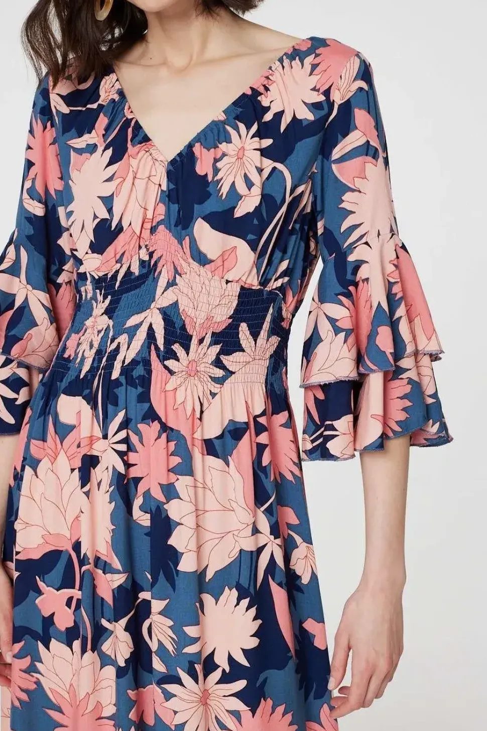 Floral 3/4 Sleeve Ruffled Midi Dress