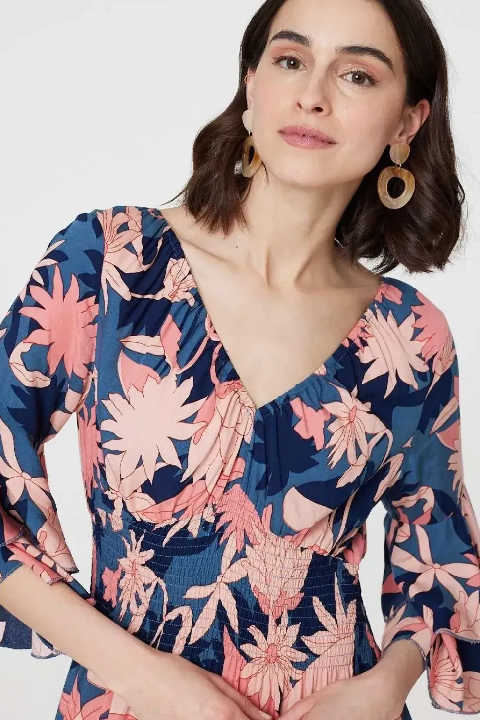 Floral 3/4 Sleeve Ruffled Midi Dress
