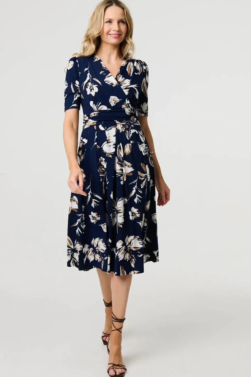 Floral 1/2 Sleeve V-Neck Midi Wrap Dress