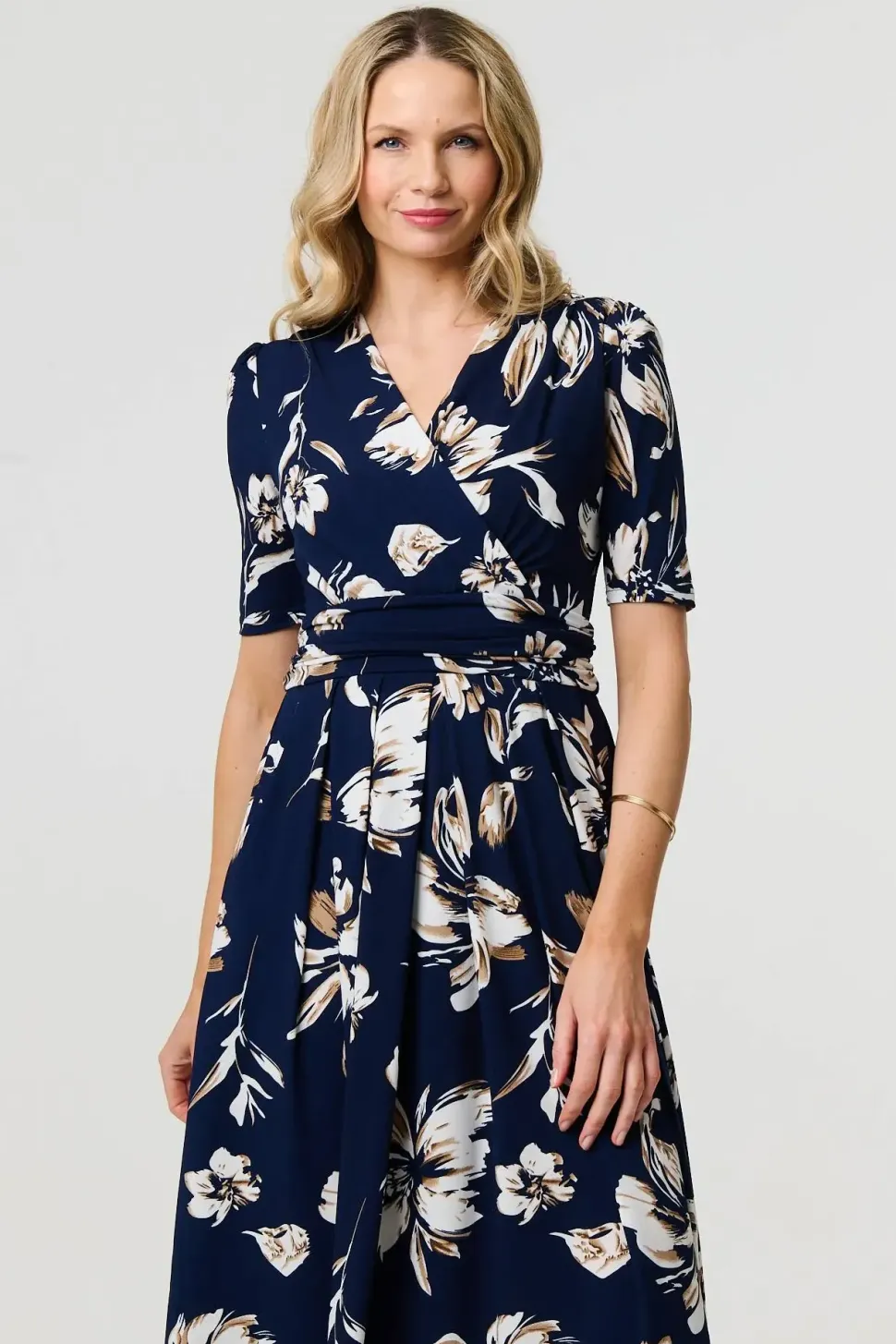 Floral 1/2 Sleeve V-Neck Midi Wrap Dress