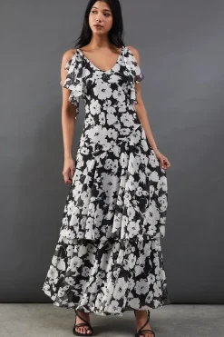 Floral Strappy Chiffon Tendril Layer Midi Dress