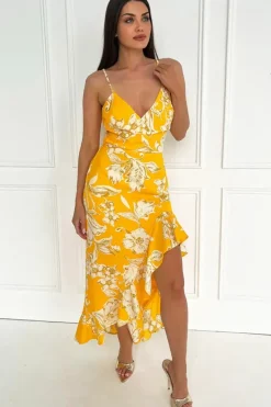 Floral Strappy High Low Frill Hem Midi Dress