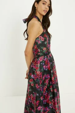 Floral Striped Organza Halter Neck Midi Dress