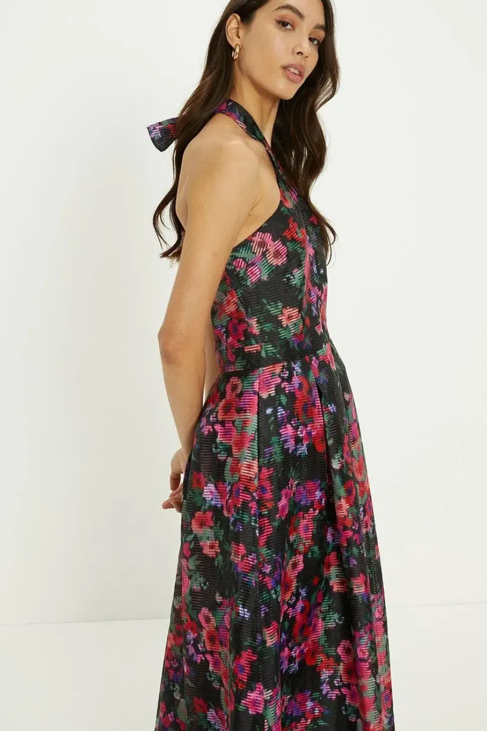 Floral Striped Organza Halter Neck Midi Dress