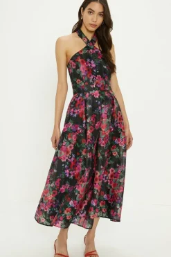 Floral Striped Organza Halter Neck Midi Dress