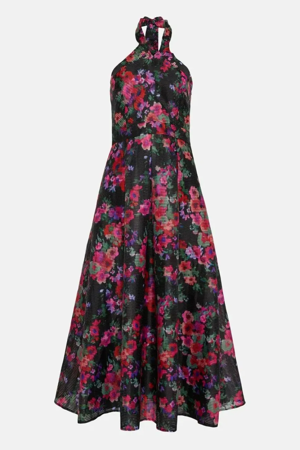 Floral Striped Organza Halter Neck Midi Dress