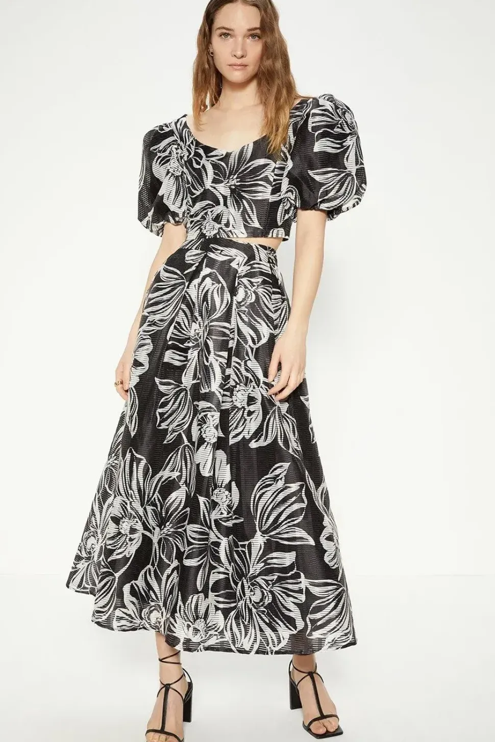 Floral Striped Organza Puff Sleeve Crop Top