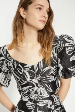 Floral Striped Organza Puff Sleeve Crop Top