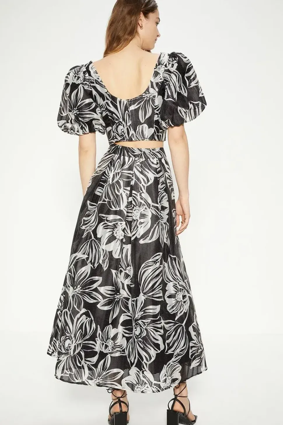 Floral Striped Organza Puff Sleeve Crop Top