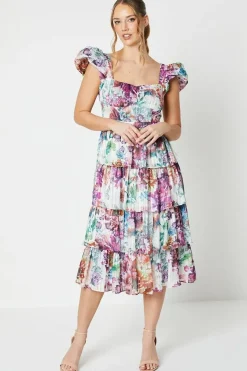 Floral Stripe Organza Layered Ruffle Dress