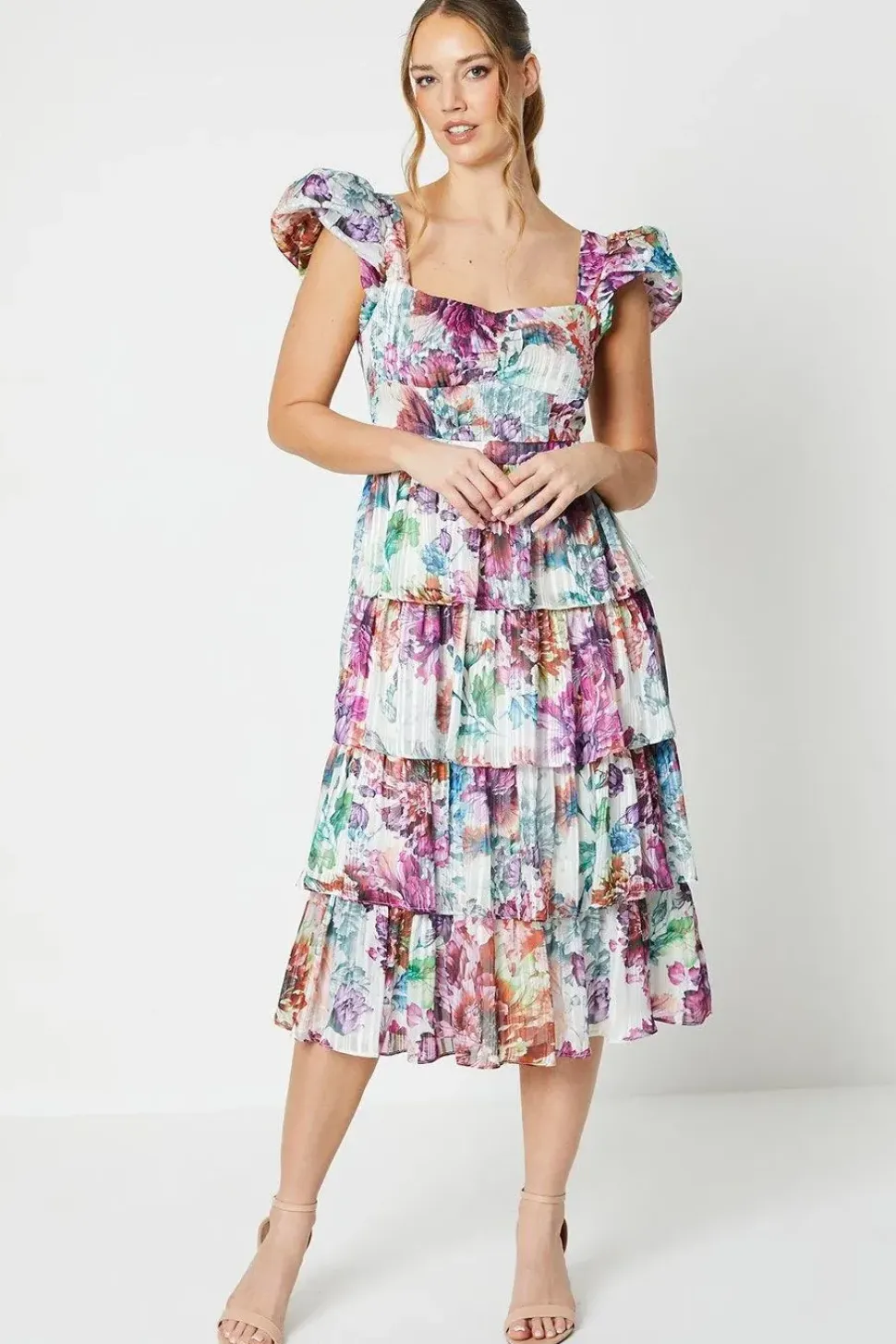 Floral Stripe Organza Layered Ruffle Dress