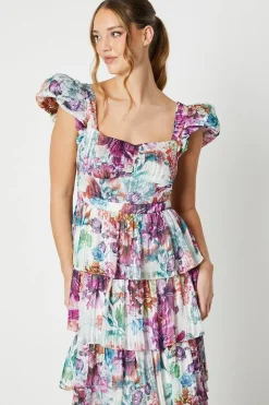 Floral Stripe Organza Layered Ruffle Dress