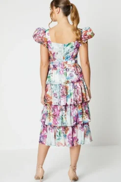 Floral Stripe Organza Layered Ruffle Dress