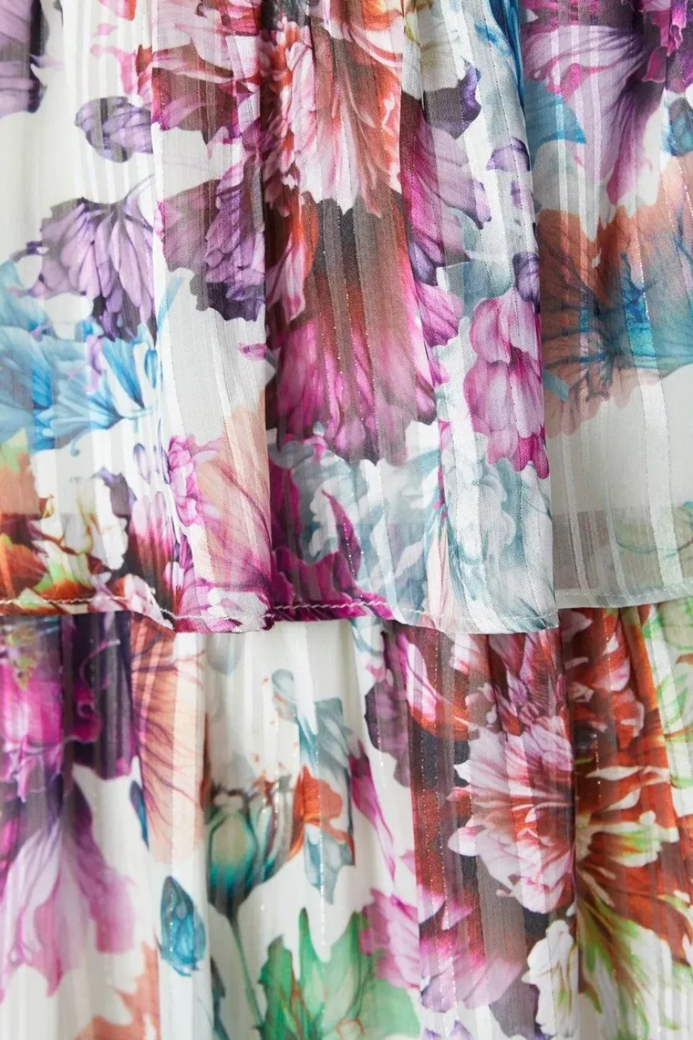 Floral Stripe Organza Layered Ruffle Dress