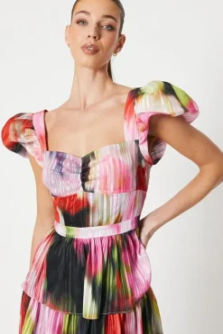 Floral Stripe Organza Layered Ruffle Dress