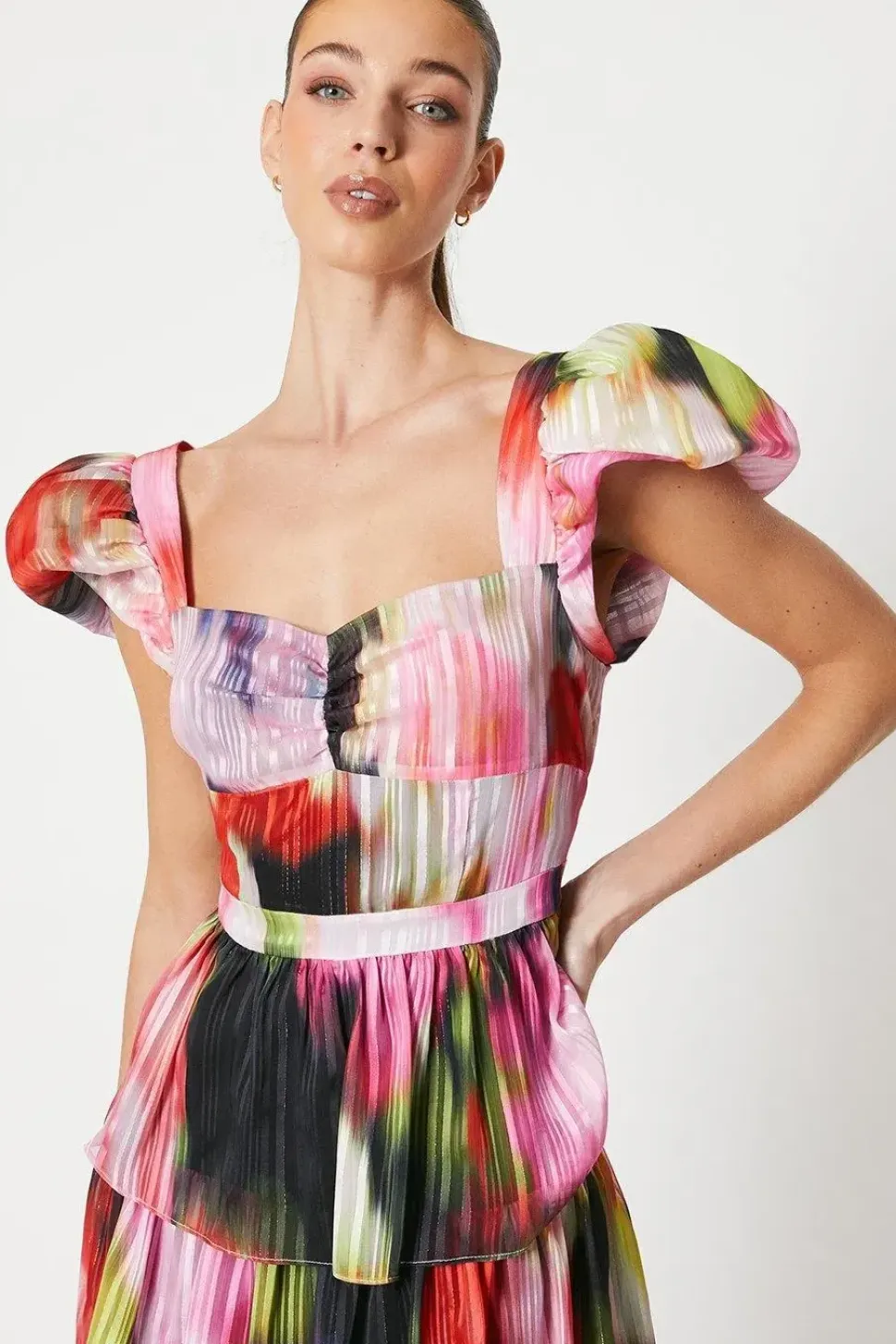 Floral Stripe Organza Layered Ruffle Dress