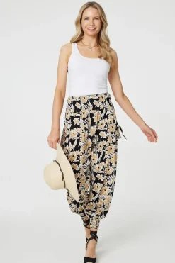 Floral Tassel Tie Pocket Harem Pants