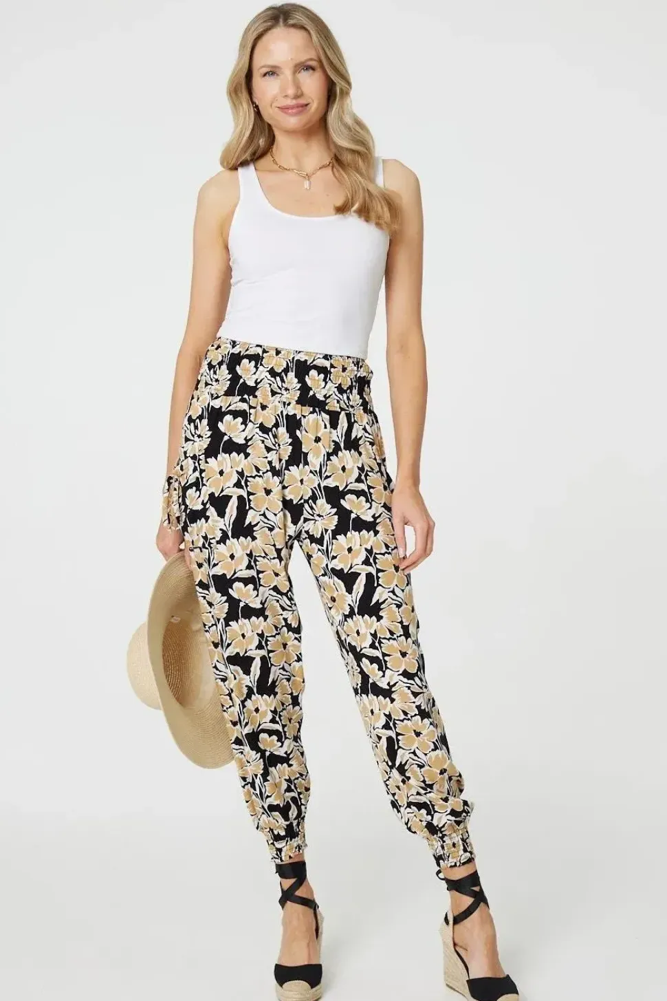Floral Tassel Tie Pocket Harem Pants