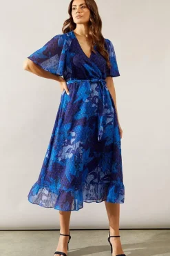 Floral Texture Wrap Flutter Sleeve Midi Dress