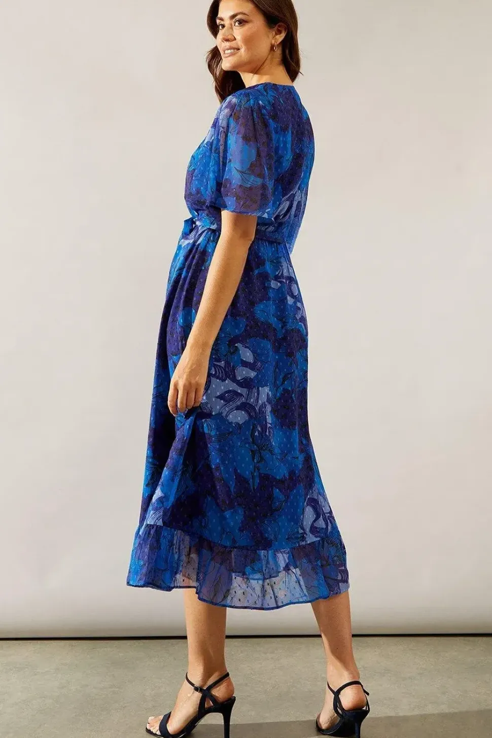 Floral Texture Wrap Flutter Sleeve Midi Dress