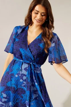 Floral Texture Wrap Flutter Sleeve Midi Dress