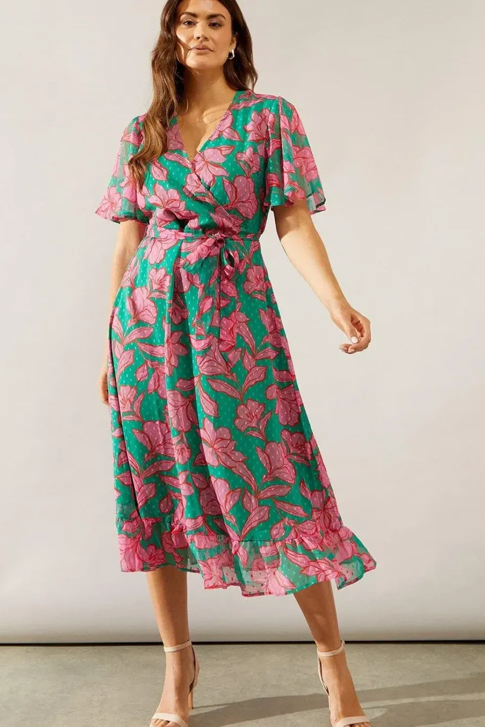 Floral Texture Wrap Flutter Sleeve Midi Dress