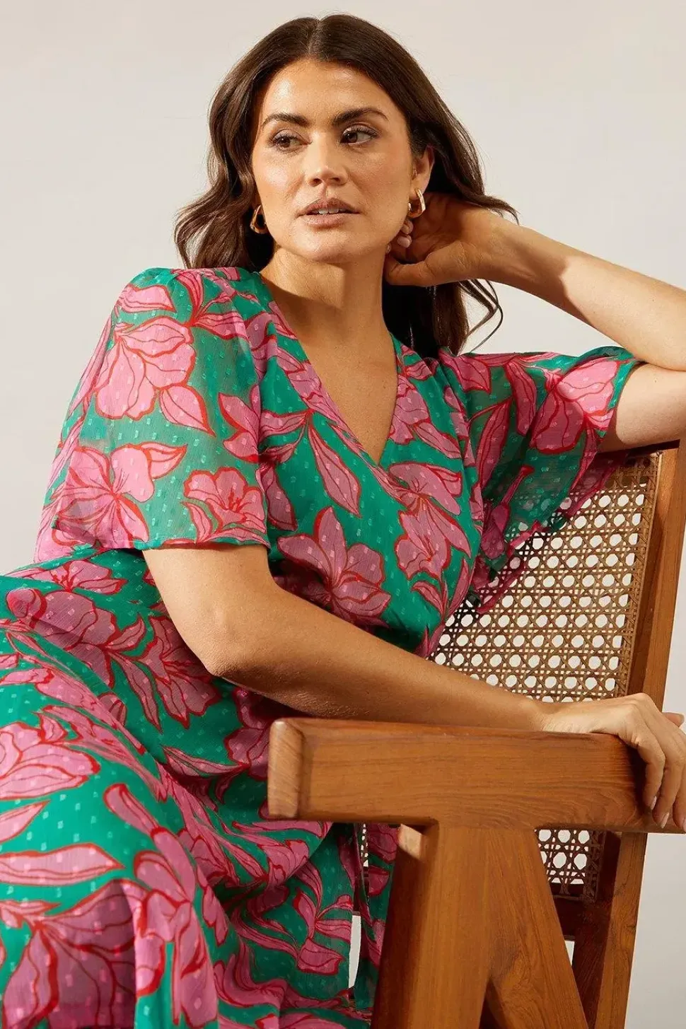 Floral Texture Wrap Flutter Sleeve Midi Dress