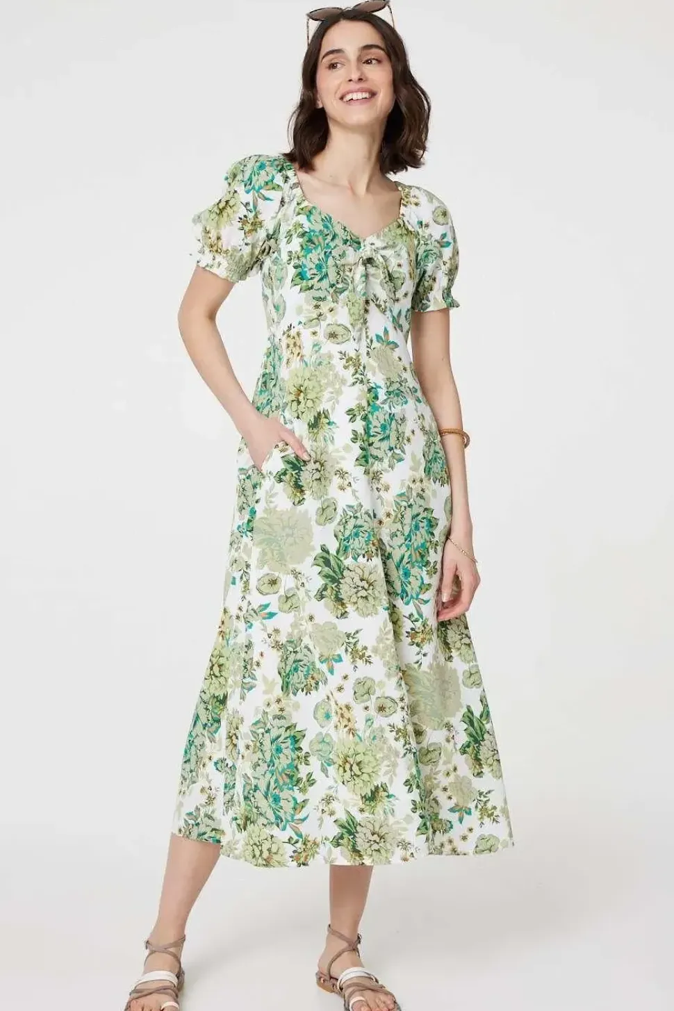 Floral Tie-Front Short Sleeve Midi Dress