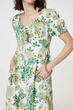 Floral Tie-Front Short Sleeve Midi Dress