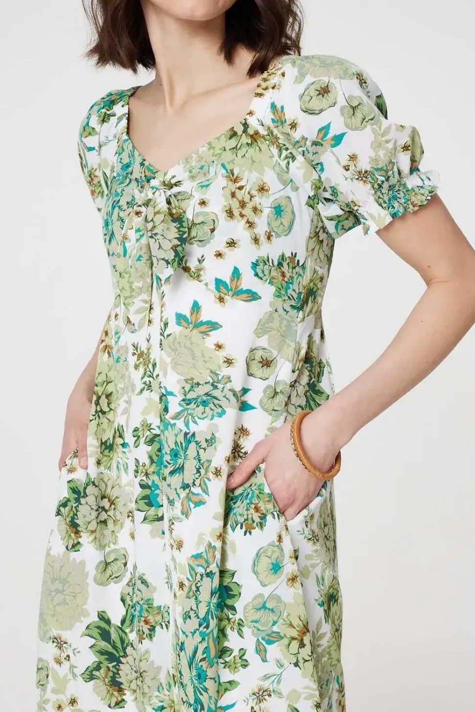 Floral Tie-Front Short Sleeve Midi Dress