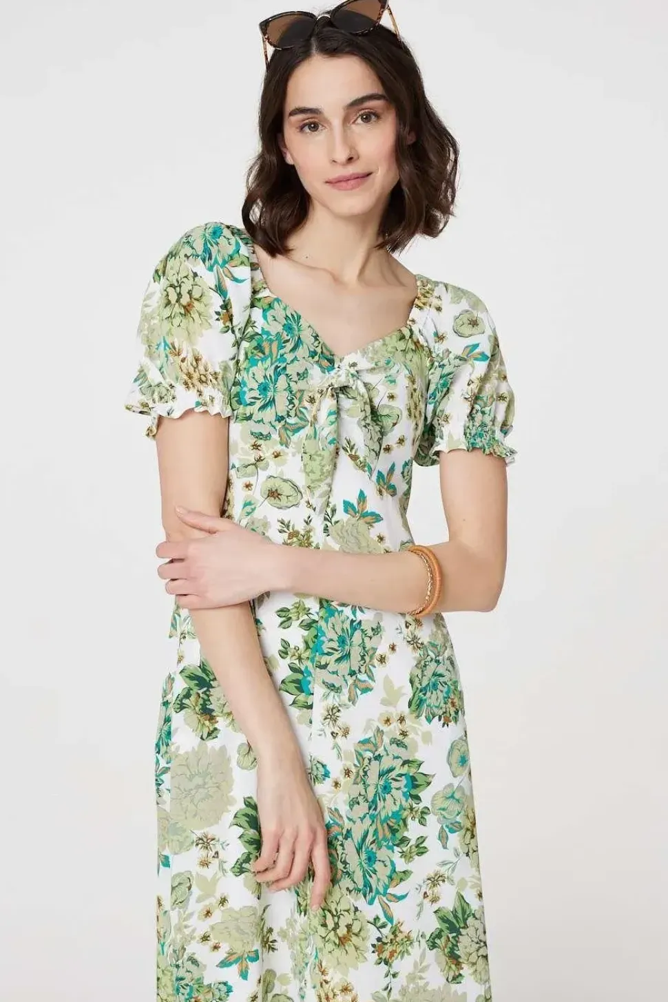 Floral Tie-Front Short Sleeve Midi Dress