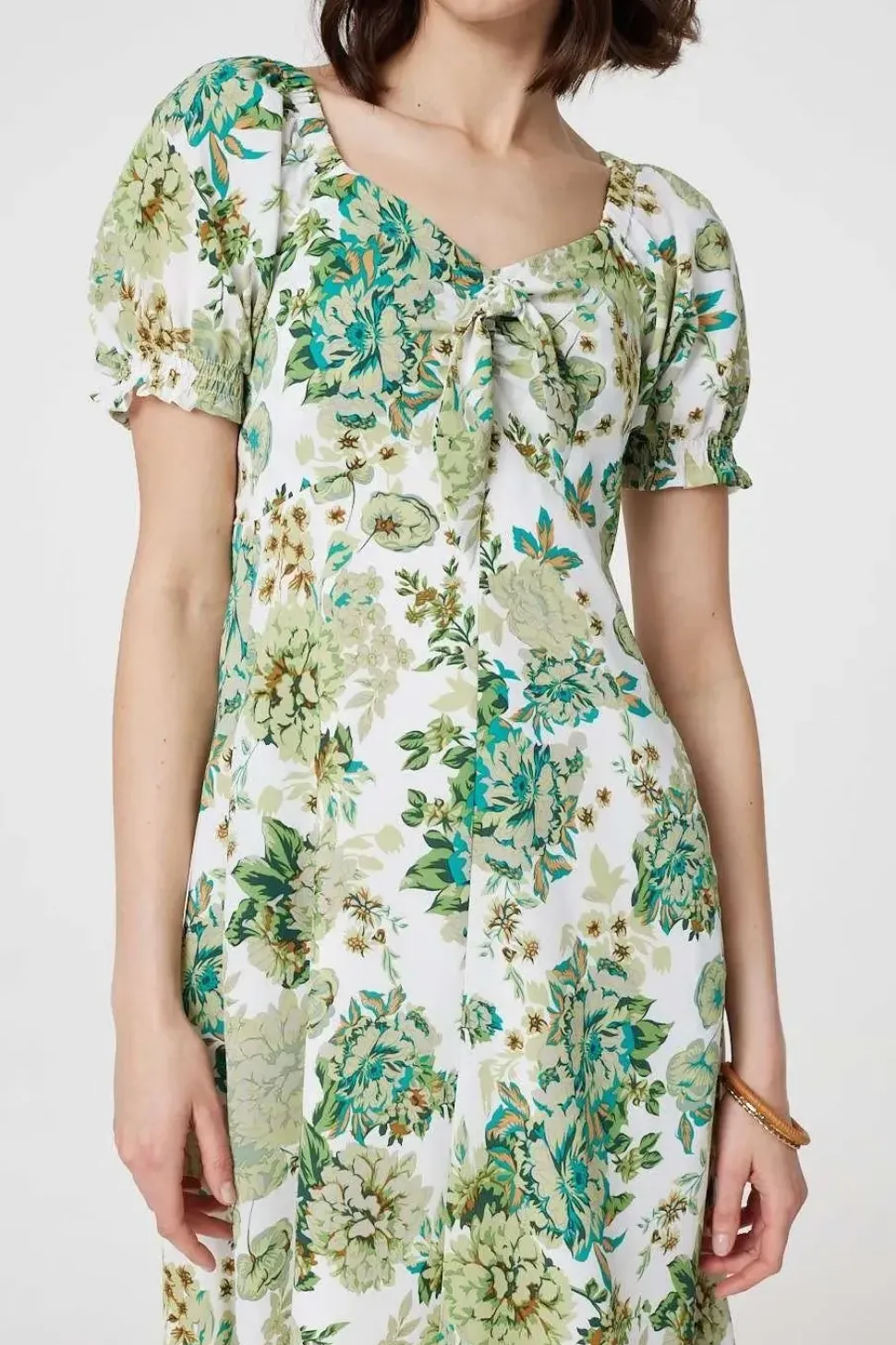 Floral Tie-Front Short Sleeve Midi Dress