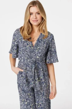 Floral Tie Front Wide Leg Jumpsuit