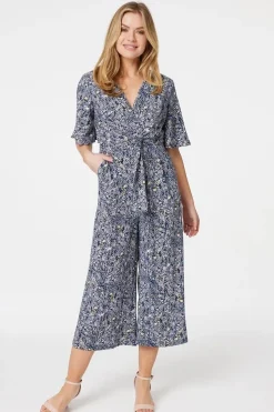 Floral Tie Front Wide Leg Jumpsuit