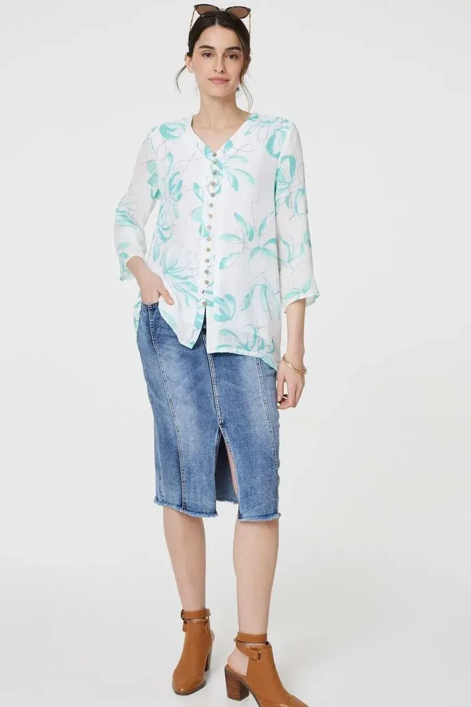Floral Turn-Up Sleeve Longline Shirt