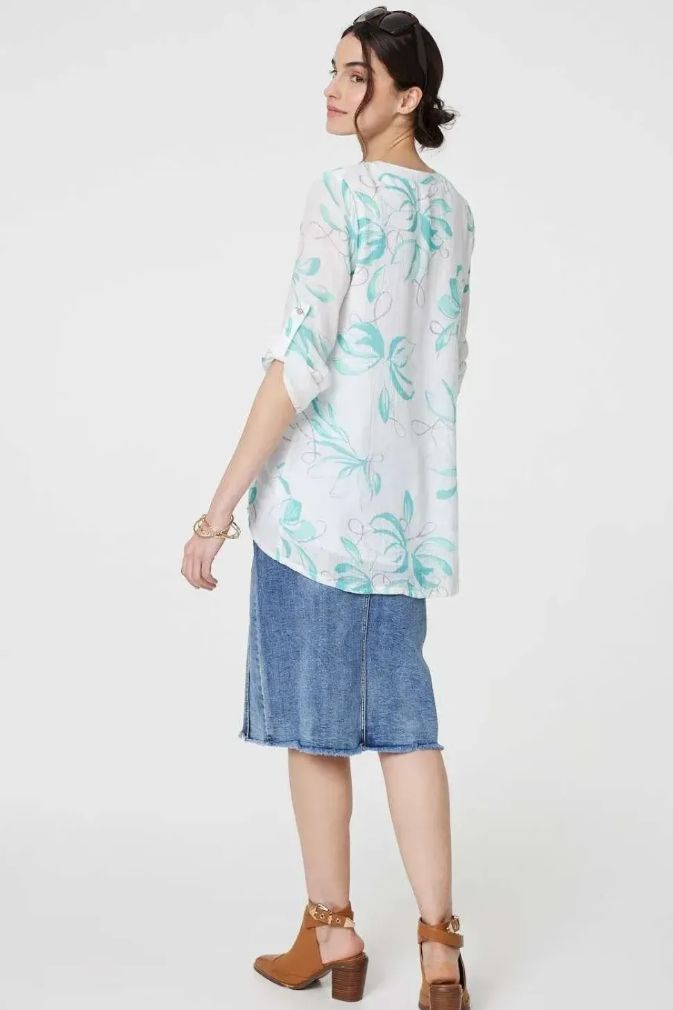 Floral Turn-Up Sleeve Longline Shirt