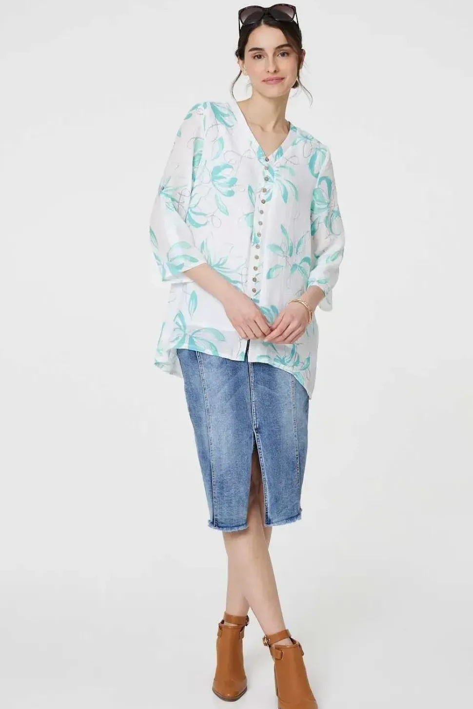 Floral Turn-Up Sleeve Longline Shirt