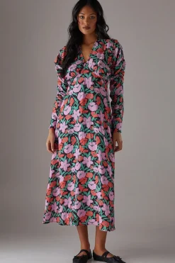 Floral Viscose V Neck Long Puff Sleeve Midi Dress