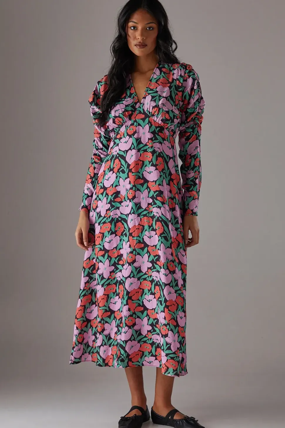Floral Viscose V Neck Long Puff Sleeve Midi Dress
