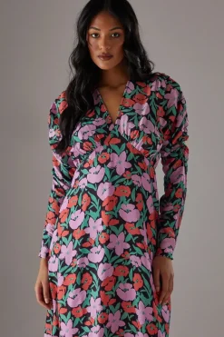Floral Viscose V Neck Long Puff Sleeve Midi Dress