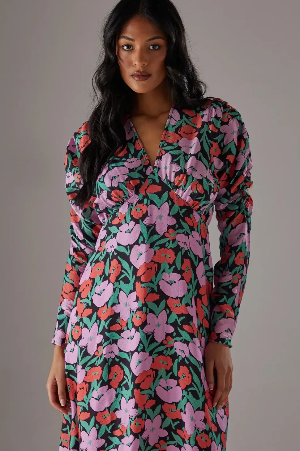 Floral Viscose V Neck Long Puff Sleeve Midi Dress