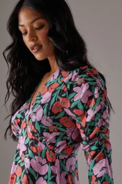 Floral Viscose V Neck Long Puff Sleeve Midi Dress