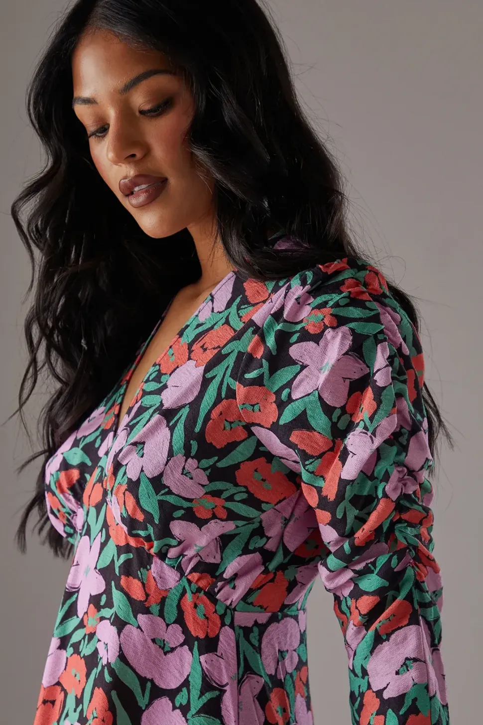 Floral Viscose V Neck Long Puff Sleeve Midi Dress