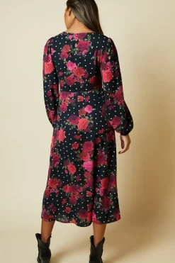 Floral V Neck Long Sleeve Midi Dress