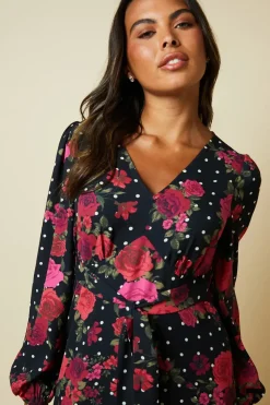 Floral V Neck Long Sleeve Midi Dress